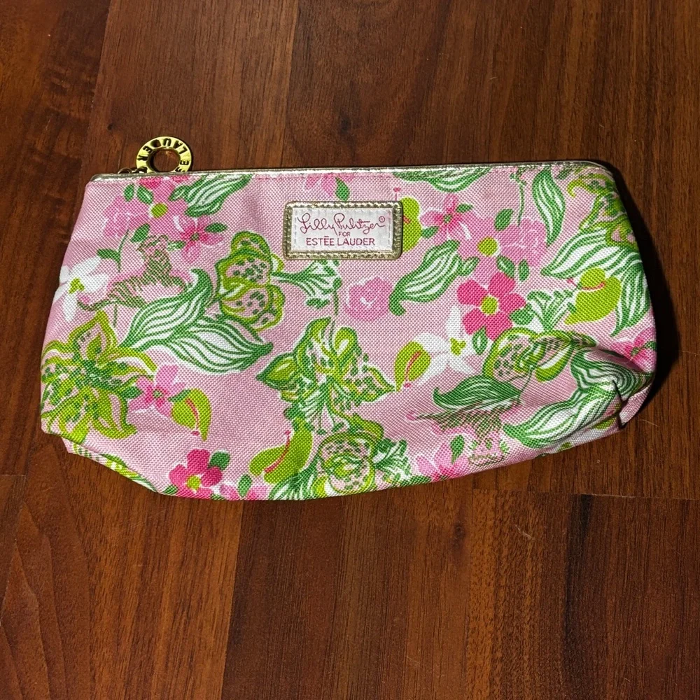 Lily Pulitzer for Estee Lauder Pink and Green Floral Cosmetic Bag